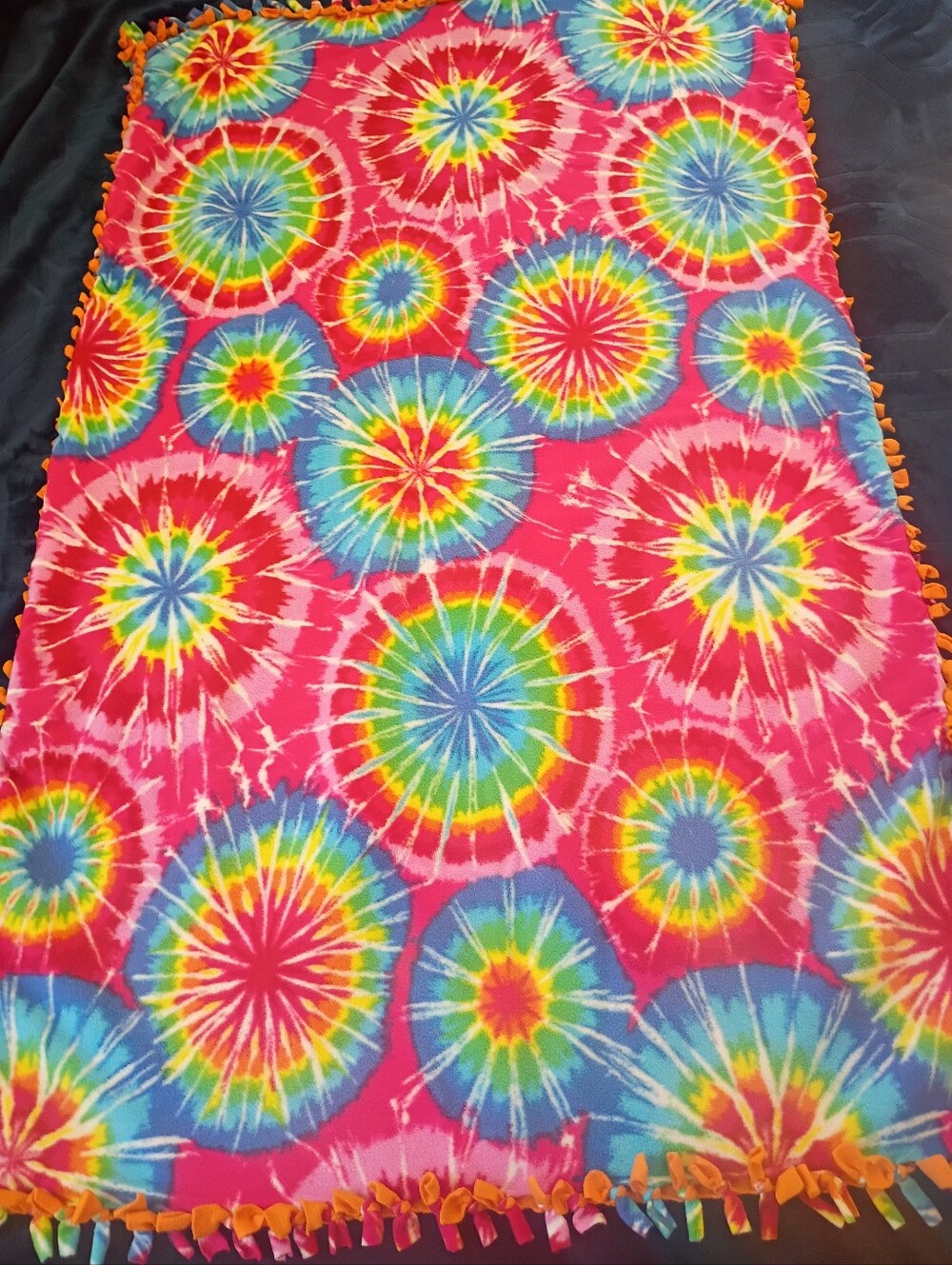 Handmade Rainbow Tie Dye Fleece Blanket No Sew Fringe Lap Throw Multi 52x32